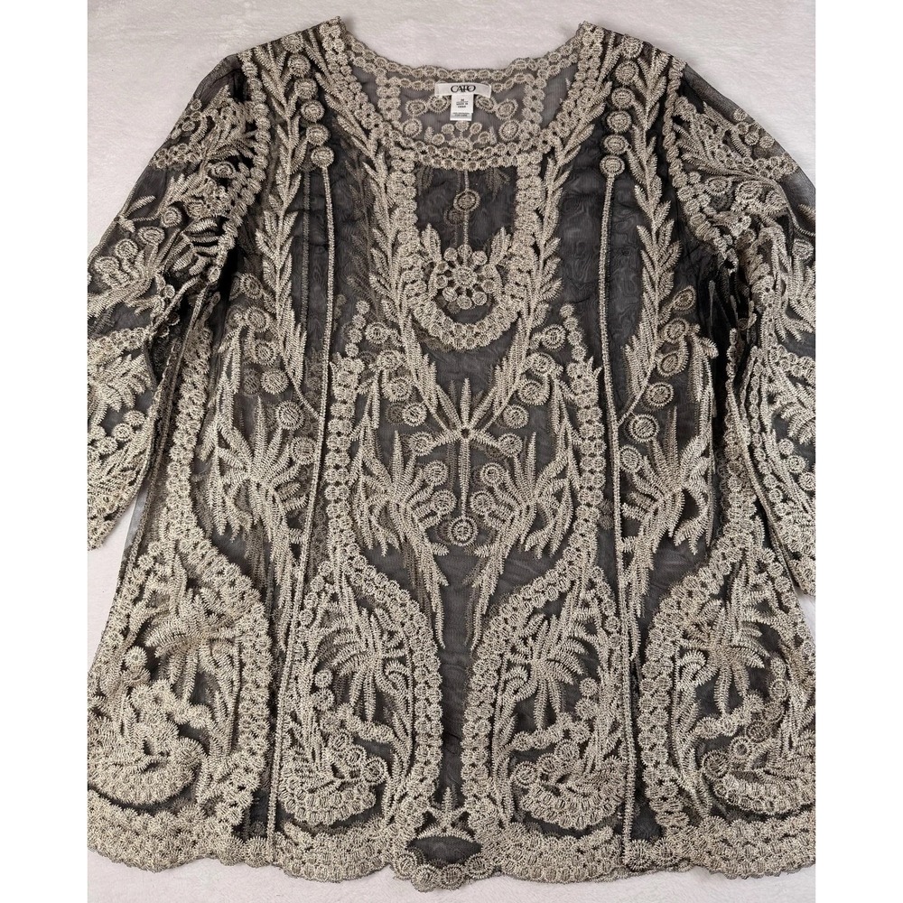 Cato Kimono Blouse Womens Medium Gold Lace Sheer Embroidered Long Sleeve Top